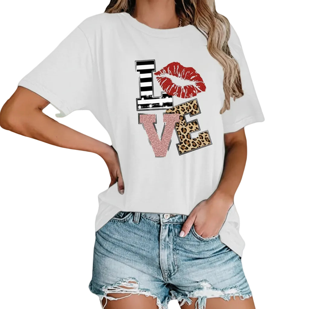 Women's printed cotton urban casual T shirt in Black front view