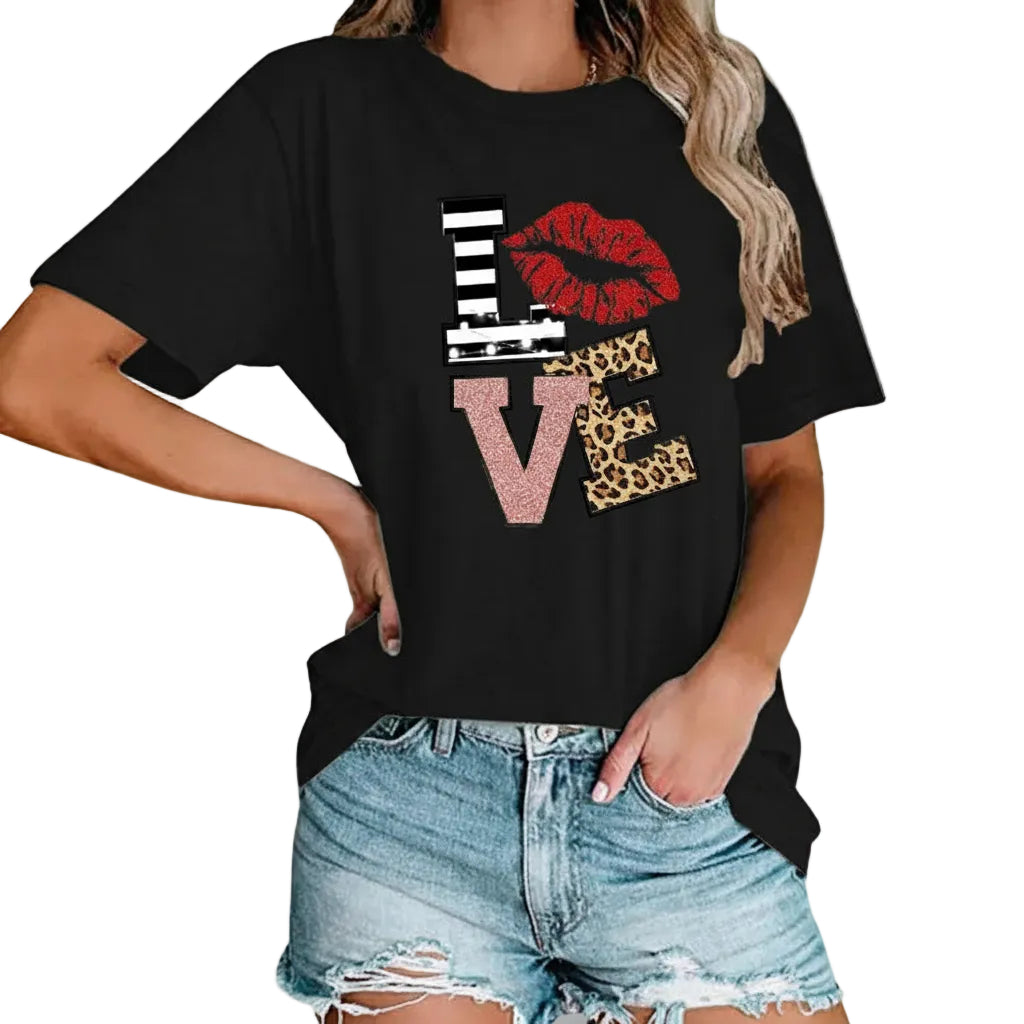 Women's printed cotton urban casual T shirt in Black front view
