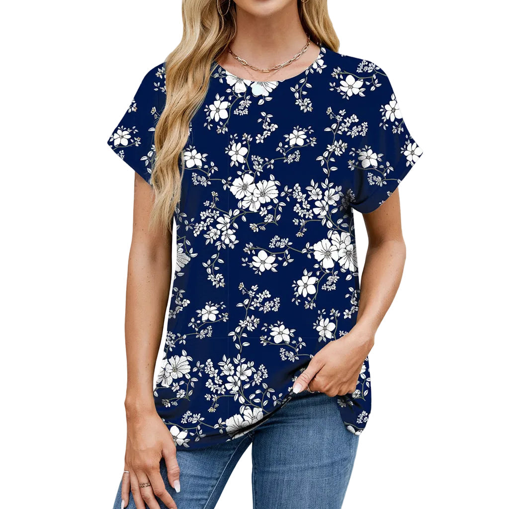 Women's personality printed loose fit T shirt in Ivory Floral front view
