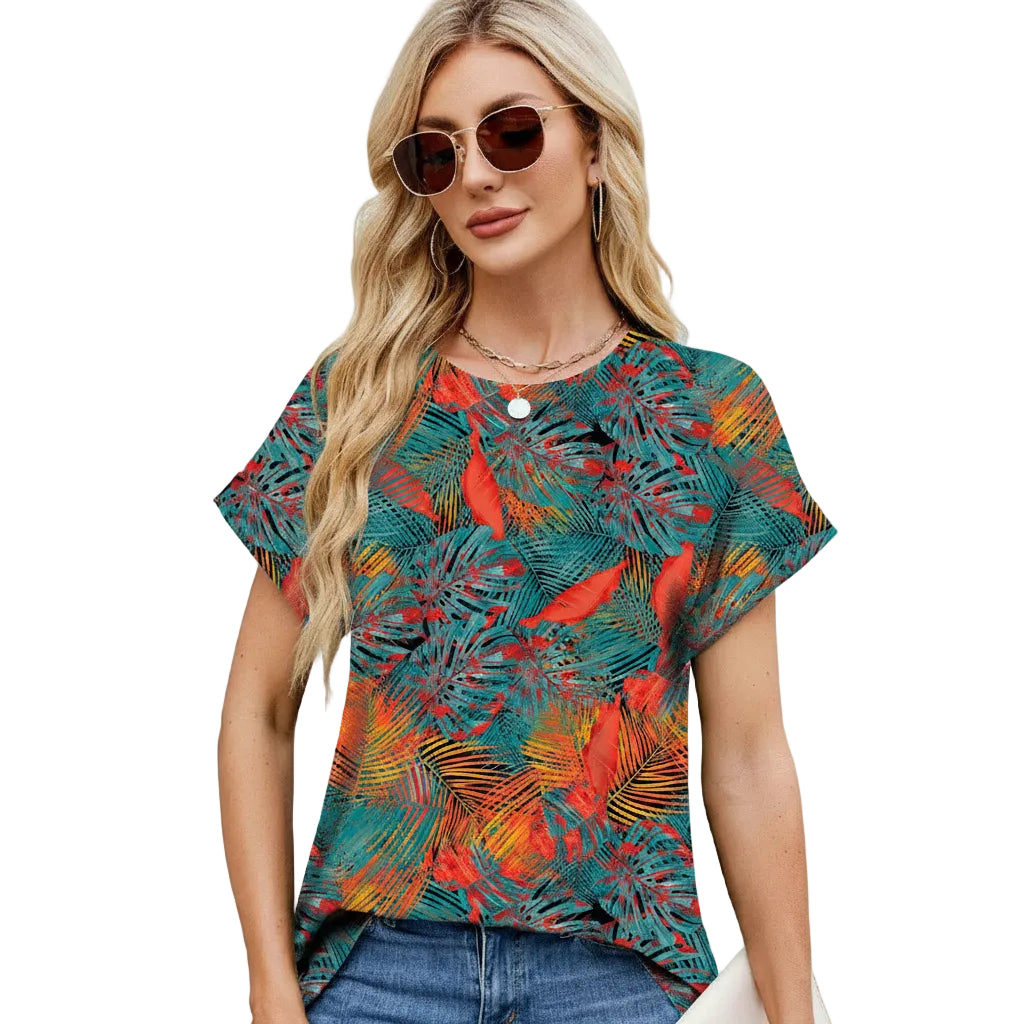 Women's personality printed loose fit T shirt in Tropical Teal front view