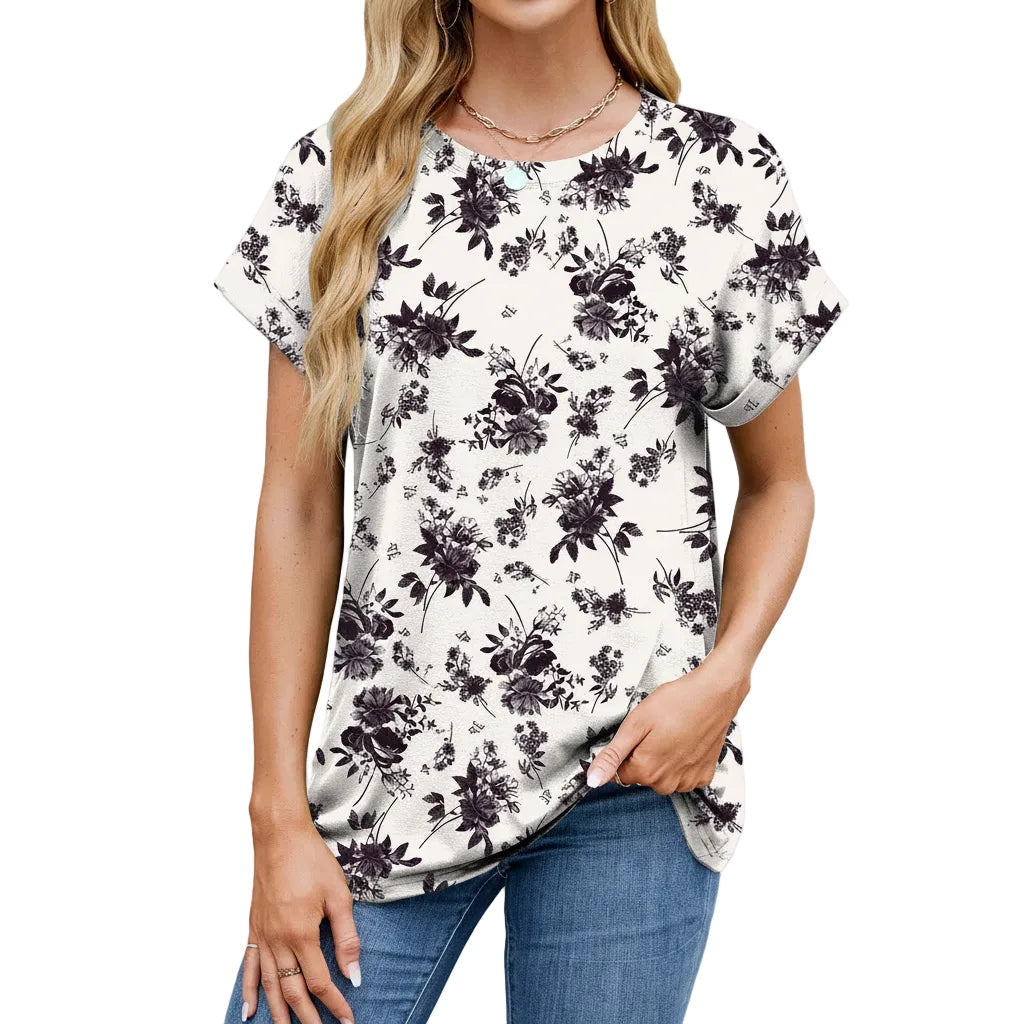 Women's personality printed loose fit T shirt in White Leaf Print front view