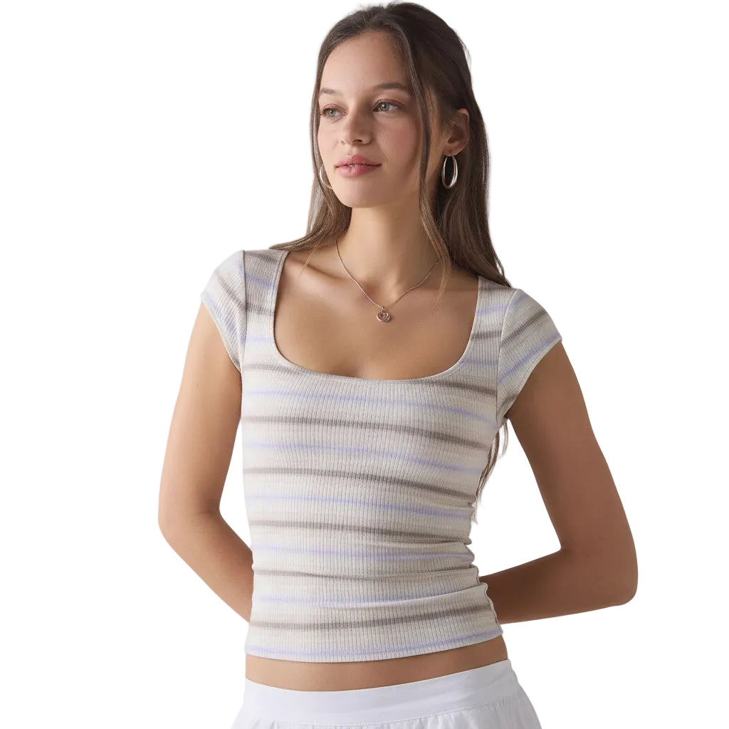 Close-up of square neck detail on Sky Blue Stripe tank top