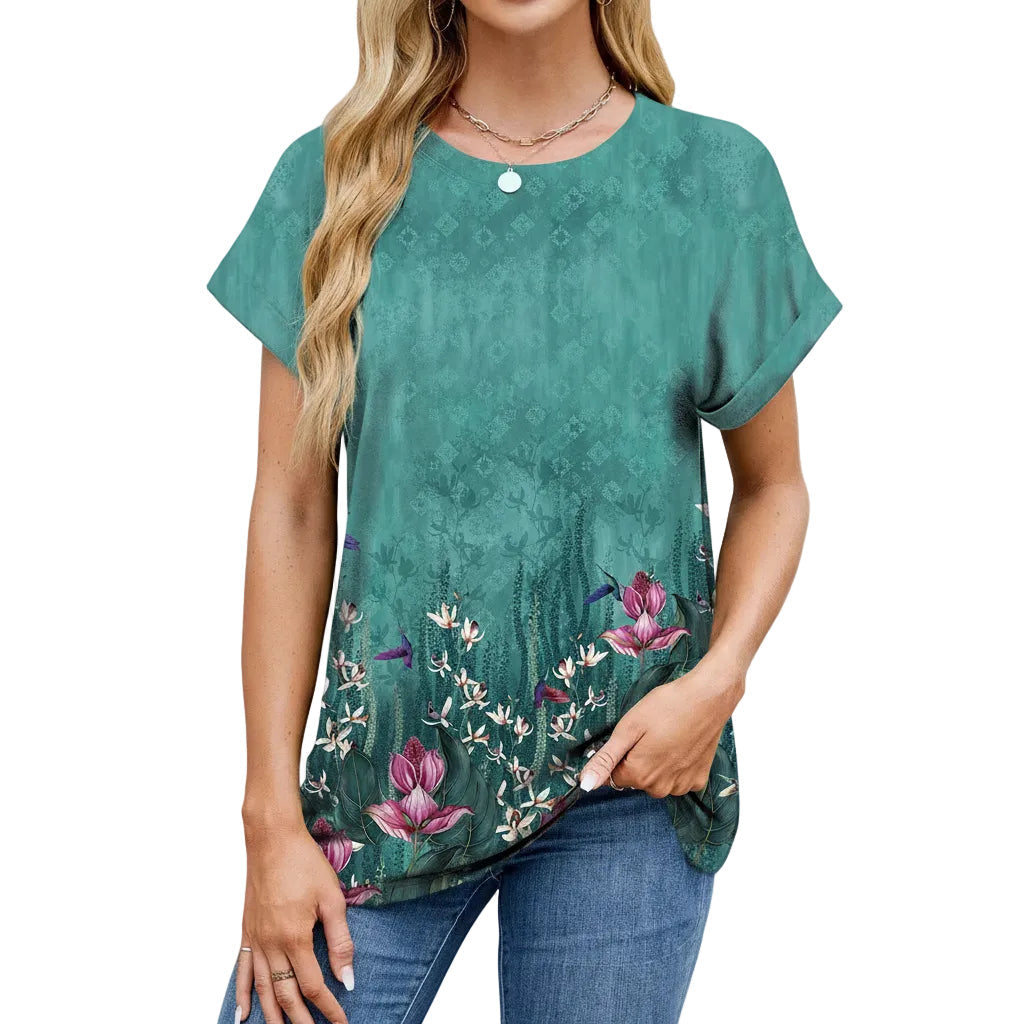 Side view of Tropical Teal loose fit women's T shirt