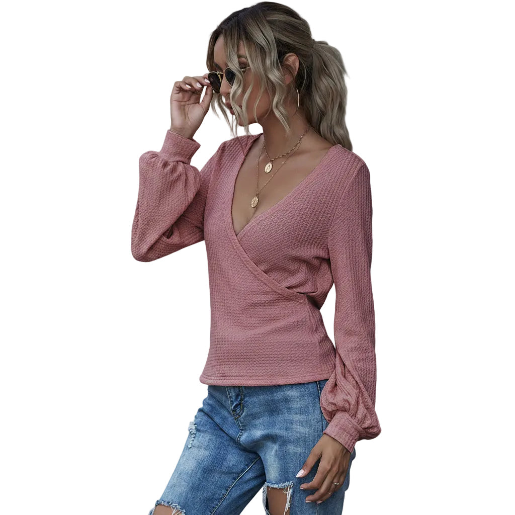 Women's V neck puff sleeve slim fit long sleeve T shirt in Dusty Rose front view