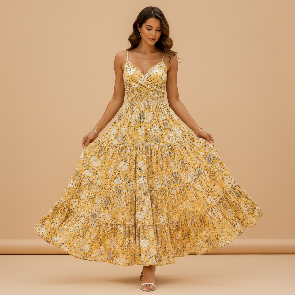 A woman wearing a yellow floral spaghetti-strap maxi dress with a tiered skirt, walking outdoors in a Mediterranean-style setting with white walls, blue doors, and purple bougainvillea flowers.